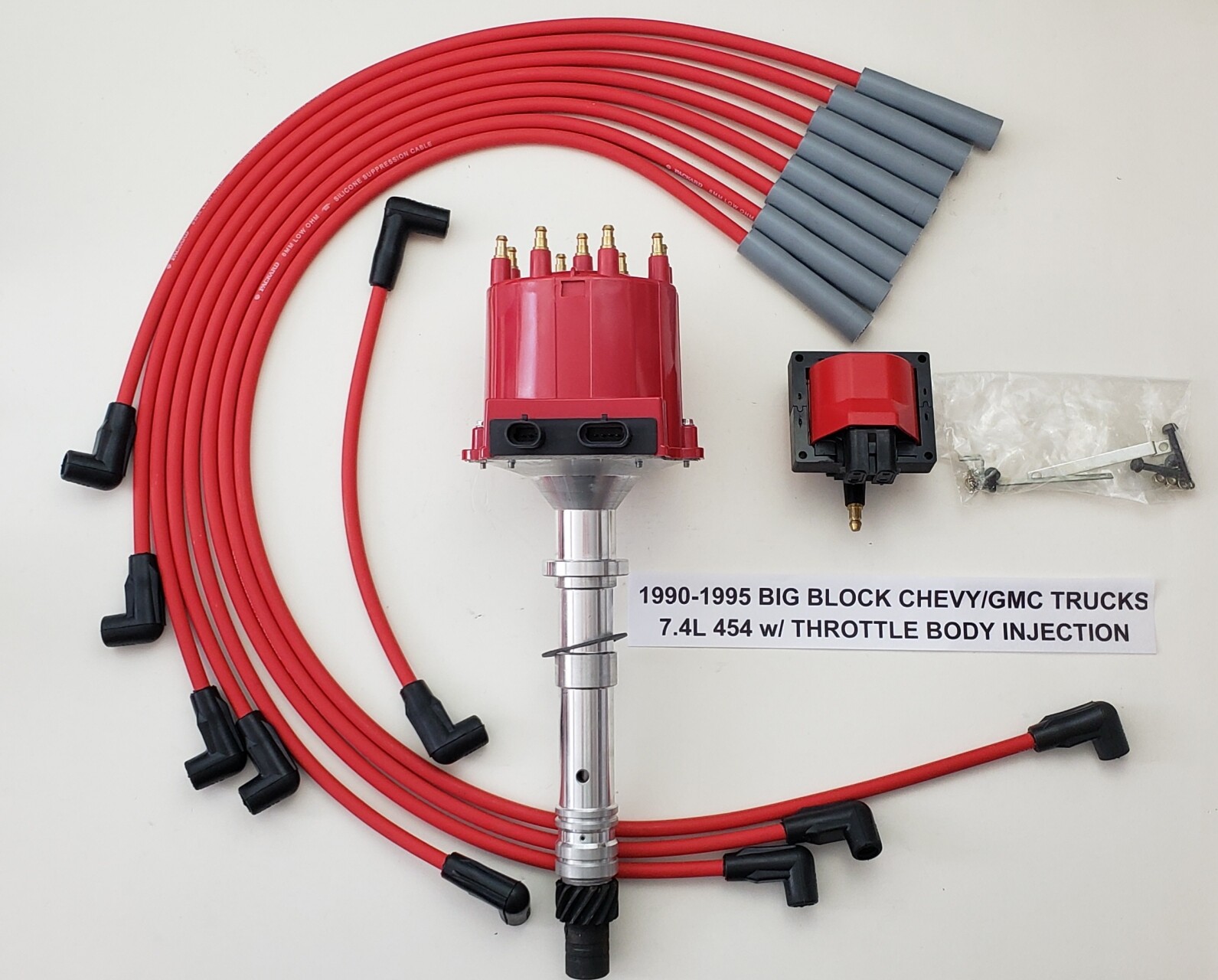 1990-1995 CHEVY/GMC TRUCKS 7.4L 454 TBI DISTRIBUTOR + RED Spark Plug Wires +Coil