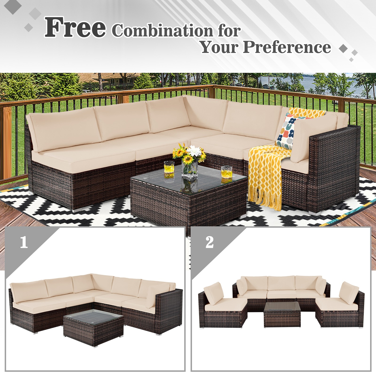 Set of 6 Rattan Furniture Set Patio Cushioned Sofa Coffee Table Brown