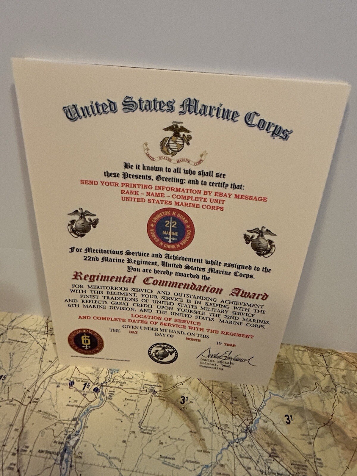 U.S.M.C. / 22ND MARINE REGIMENT - REGIMENTAL COMMENDATION AWARD CERTIFICATE