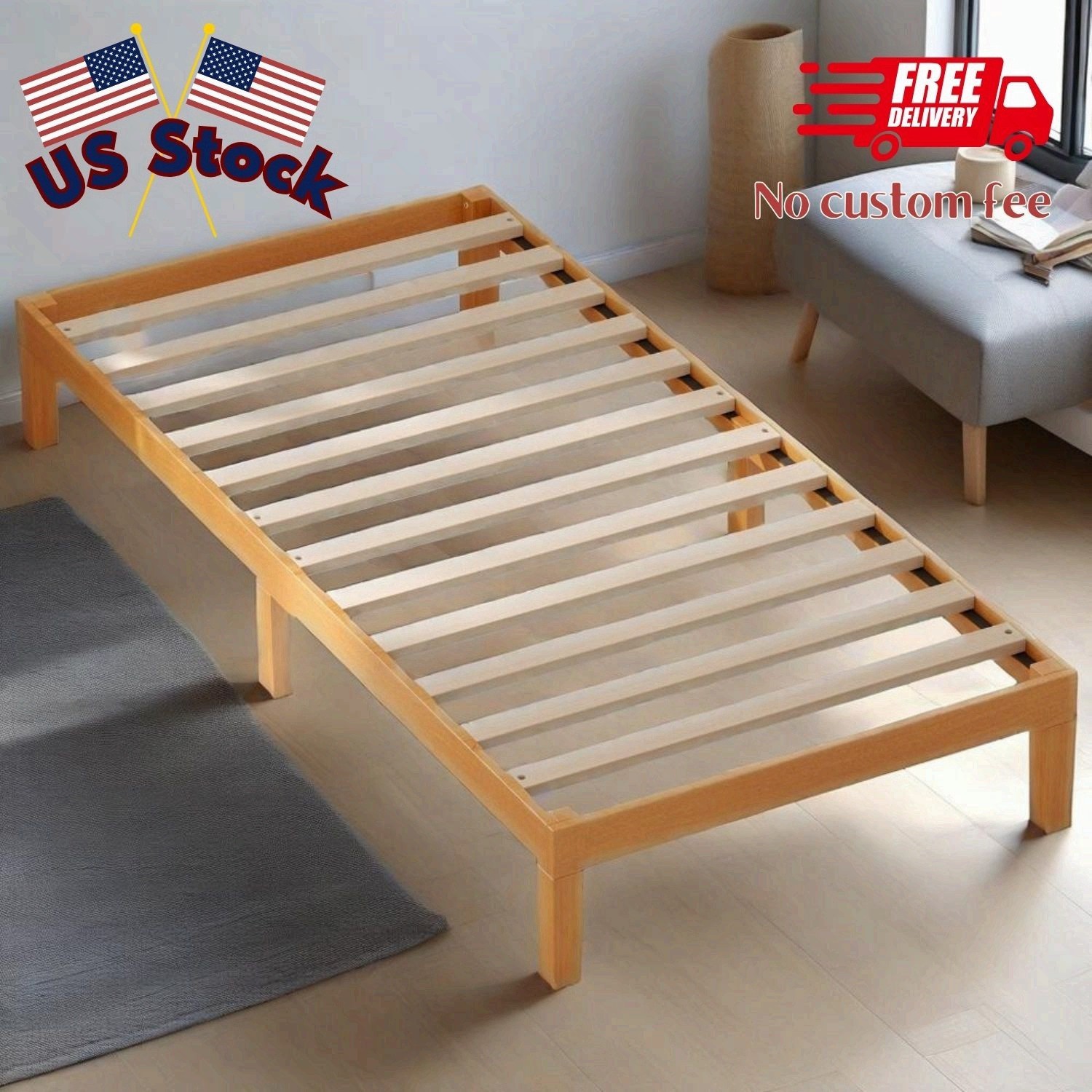 Twin Size Solid Wood Bed Frame, Bed Base with Wood Slat Support