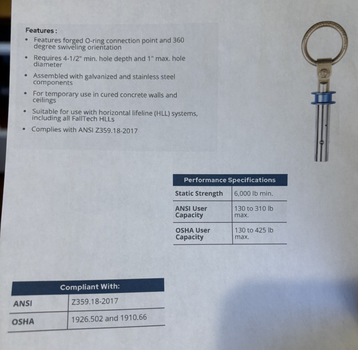 FallTech Removable Concrete Anchor O Ring Connection Point 360 Degree Swivel7446