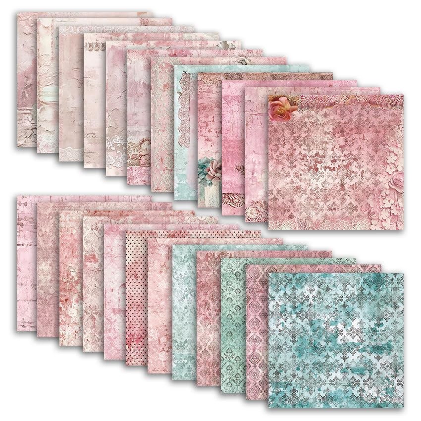 Pink Teal Lace Texture Scrapbook Paper Pattern 24 Sheets 12x12 Inch Double