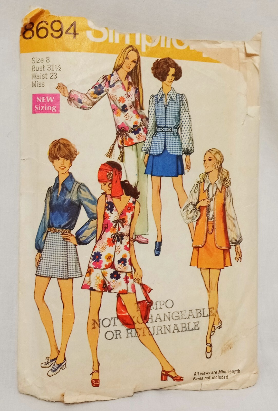 Misses' Mini-Pantskirt Blouse Vest Pattern 8694 Size 8 Simplicity Precut 1970
