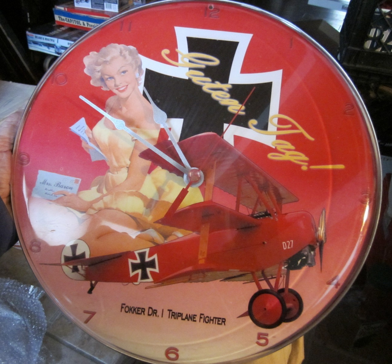 Large WW1 Fokker Dr.I Triplane 14" Dia Clock like new