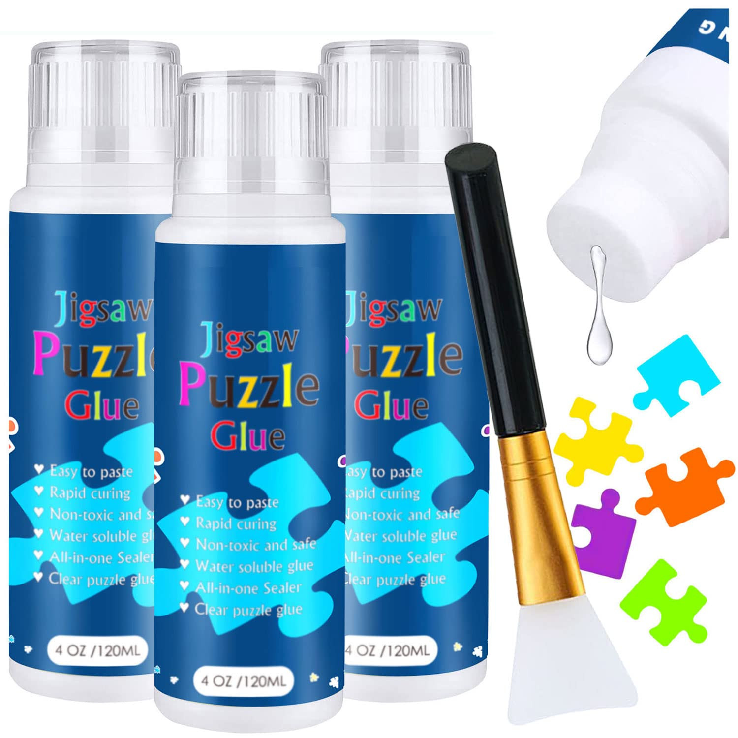3PCS Jigsaw Puzzle Glue with Sponge Head, Clear Water Soluble Craft Puzzle Prote