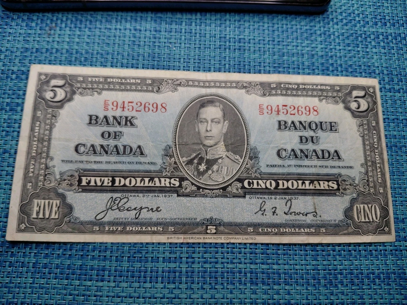 🇨🇦 Canada 5 dollars 1937 Coyne Towers  vf P-60c BC-23 E/S banknotes 040326-6