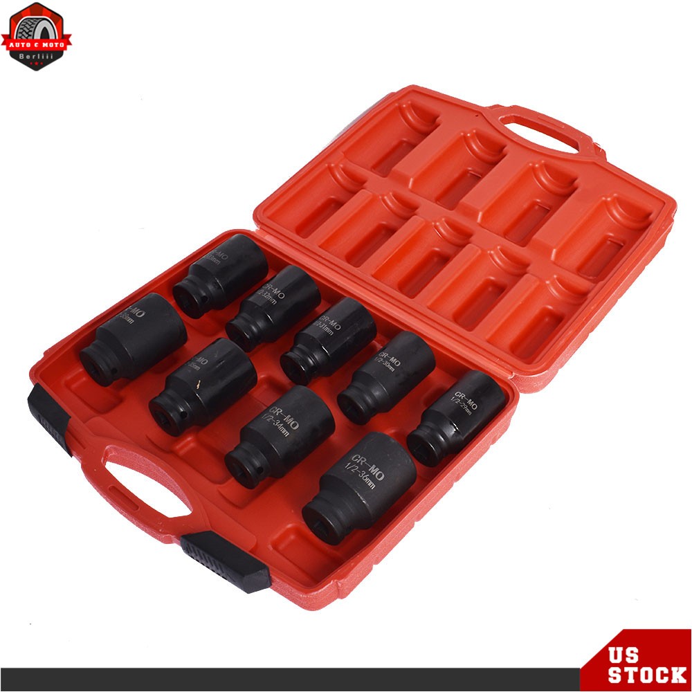 9pcs Deep Impact Socket Set 1/2" Drive Metric Axle Hub Nut Sockets 29-38mm