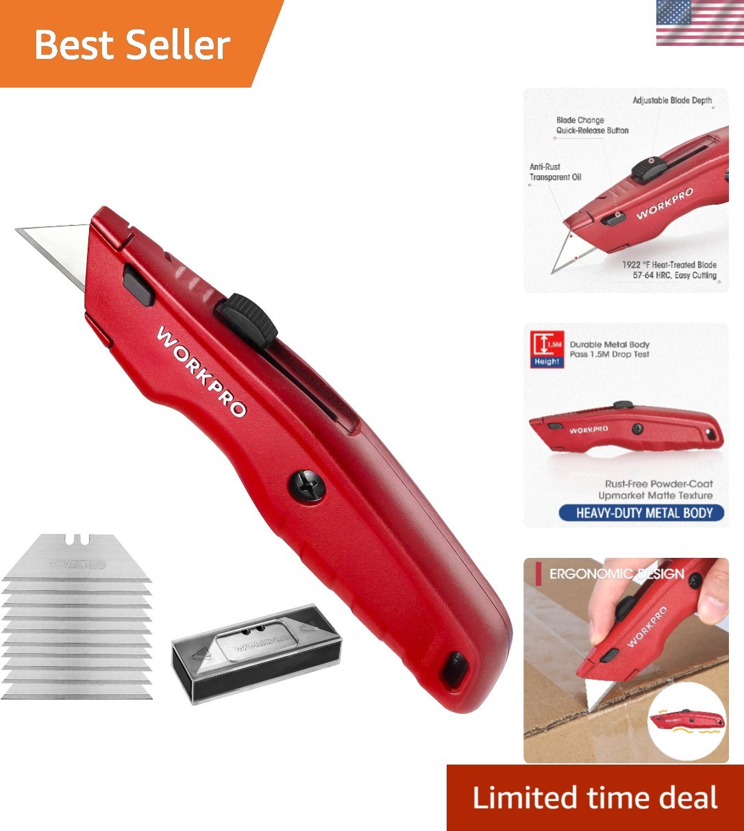 Ergonomic All-Metal Utility Knife - Retractable Cutter with 10 SK5 Extra Blades