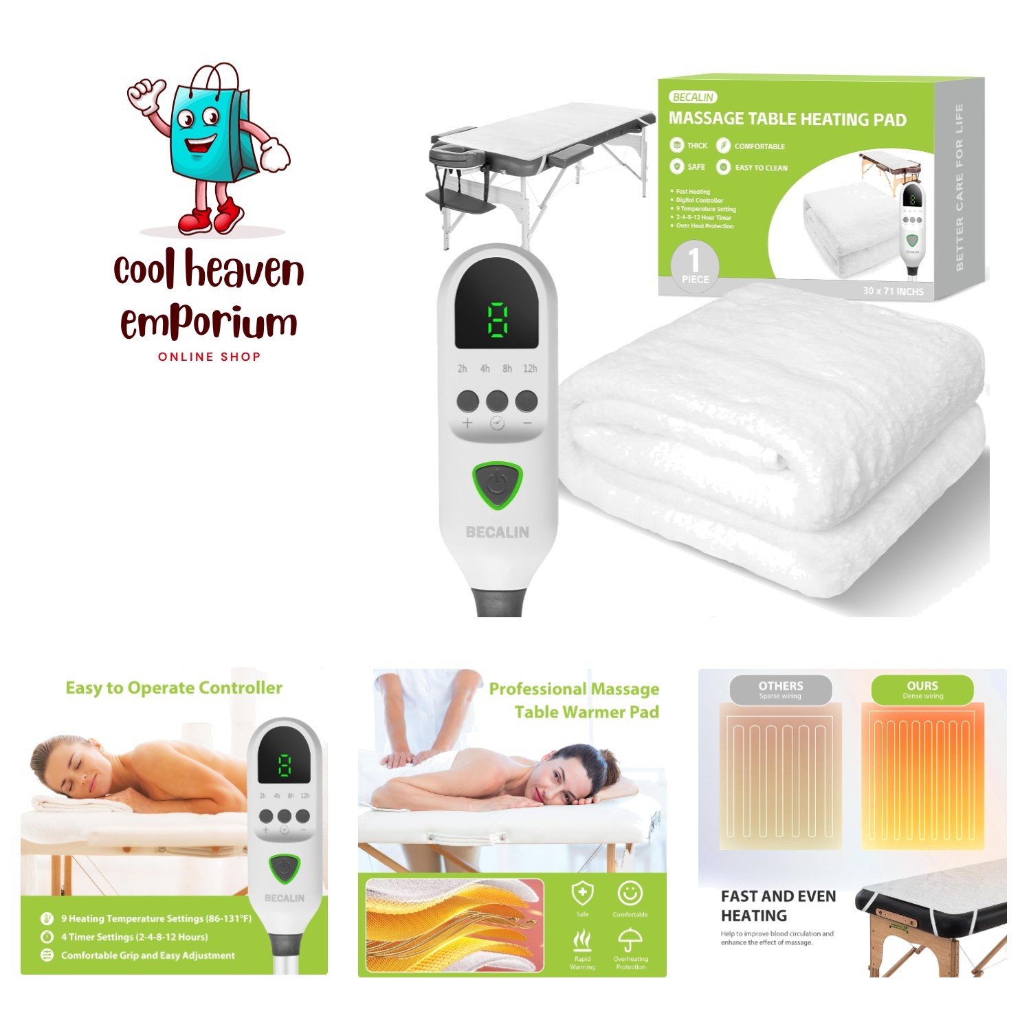 Spa-Quality Massage Table Warmer with Elastic Straps & Overheat Safety, 30"x71"