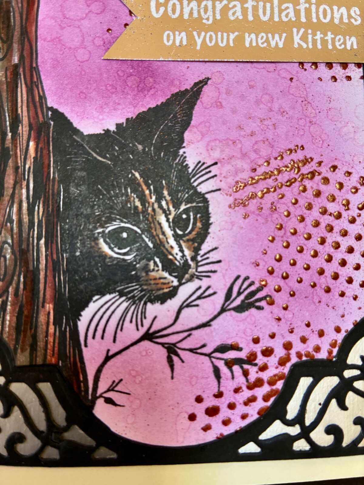 CONGRATULATIONS - NEW KITTEN - handmade MIXED MEDIA card by Dee