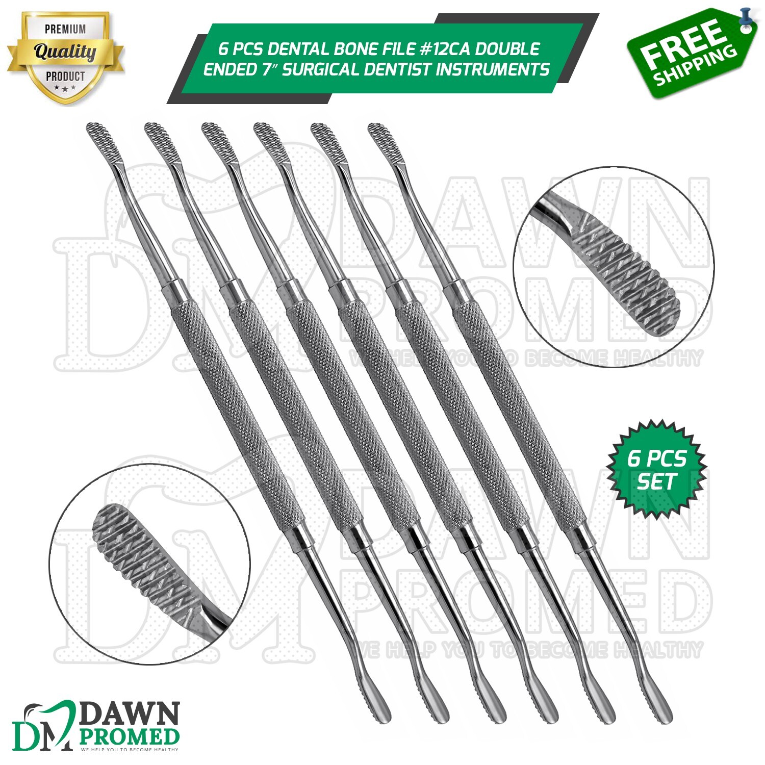 6 Pcs Dental Bone File #12CA Double Ended 7" Surgical Dentist Instruments