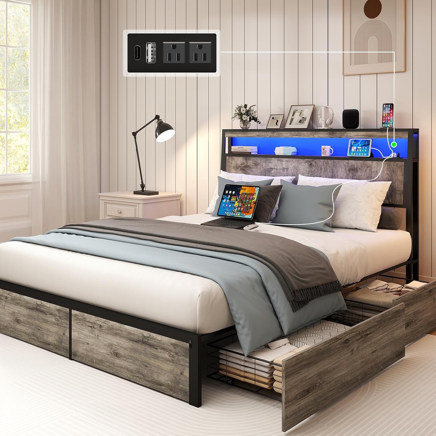 Full Queen King Bed Frame with Storage Headboard ,Charging Station & LED Lights