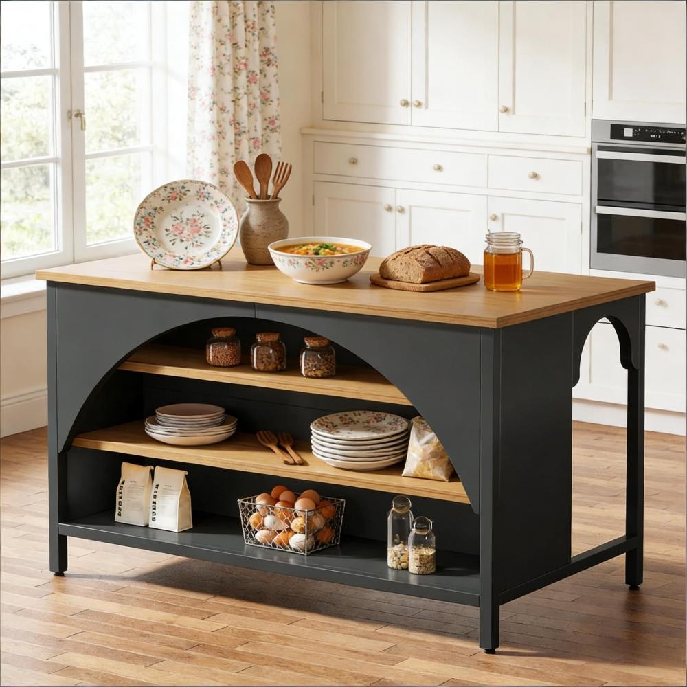 Farmhouse Kitchen Island w/3 Open Shelves, Bistro Bar Table for Dining 55"