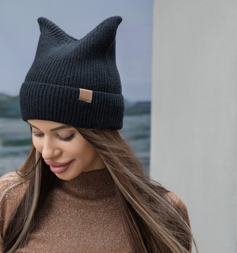 Cute Kitty Ear Knitted Beanie Black Hat for Women One Size Stretchy Comfy NWT