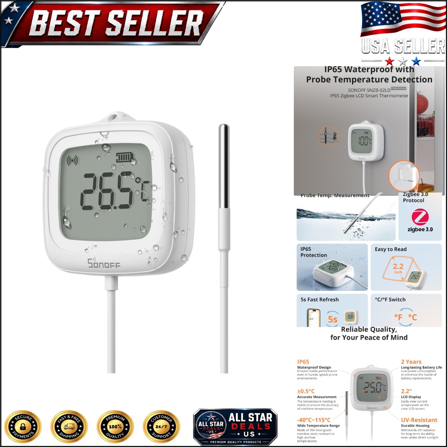 Smart Home-Compatible Zigbee Temperature Sensor - Waterproof & App Monitored