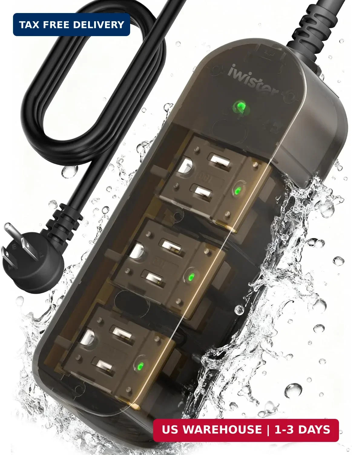 Outdoor Power Strip 3 Outlet IPX6 Waterproof 13A Heavy Duty 5FT Cord