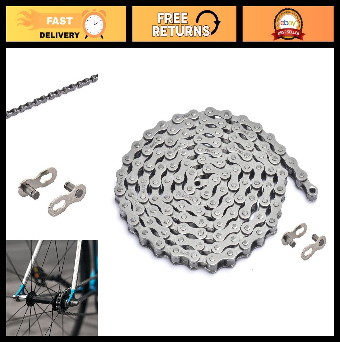 Single-Speed Bicycle Chain 1/2 x 1/8 Inch, 122 Links, Durable & High-Performance