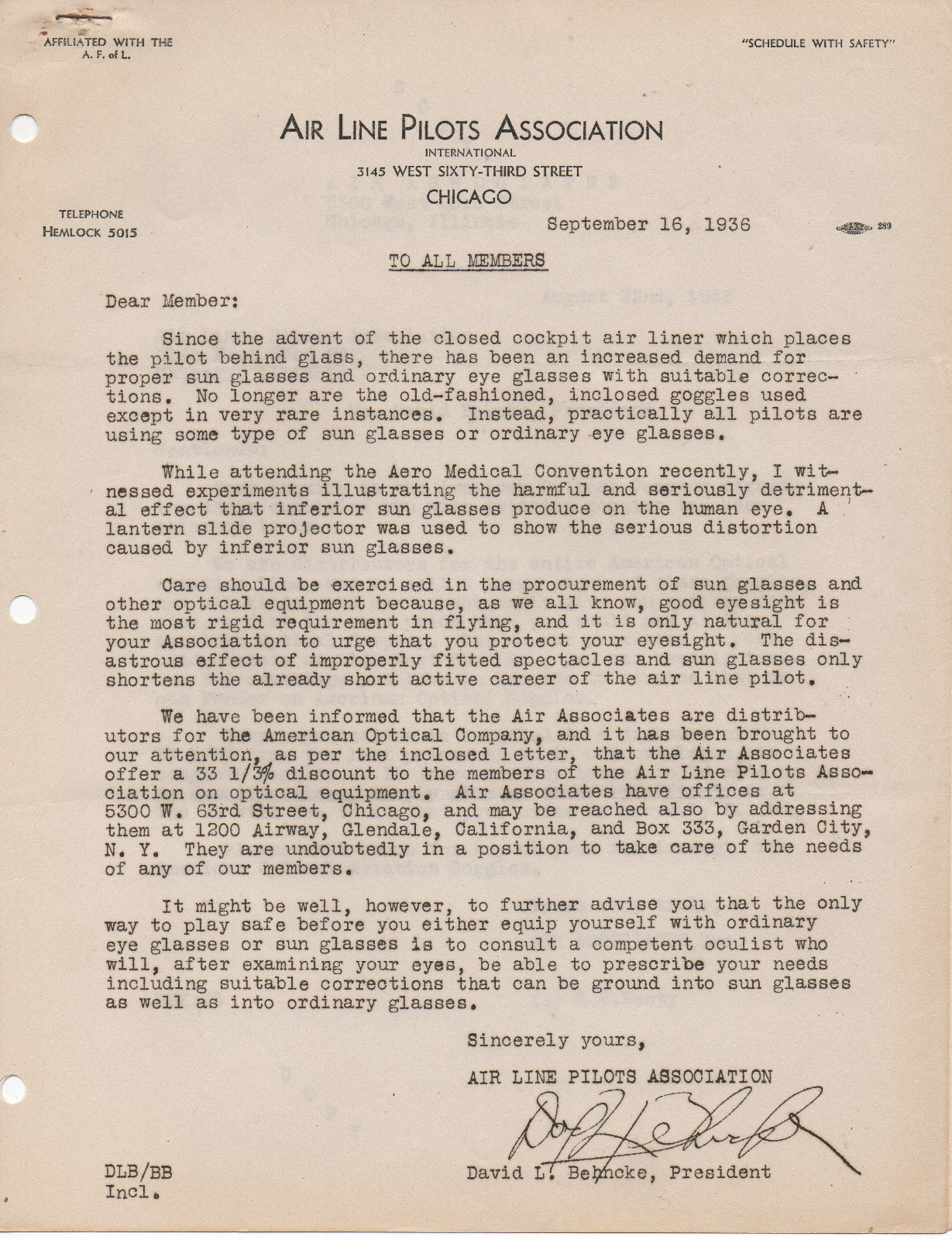 1936 Flier from the Air Line Pilots Association of Chicago Re; Sun Glasses