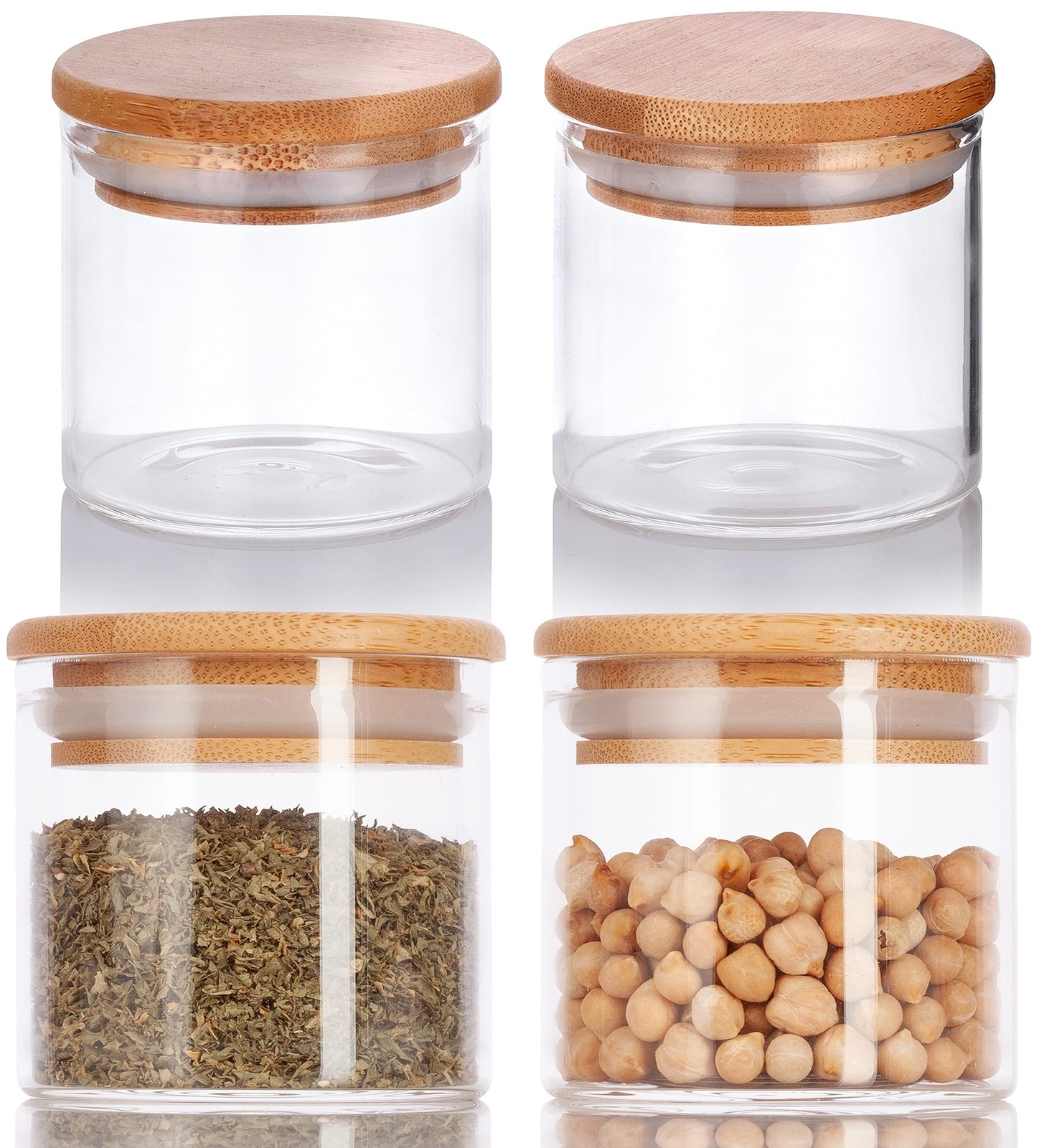 JUVITUS 4 oz Clear Glass Jar with Wood Bamboo Silicone Sealed Lid (4 Pack)