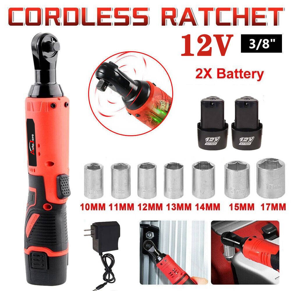 3/8'' Electric Cordless Ratchet Wrench Right Angle  Impact Power Tool 2 Battery