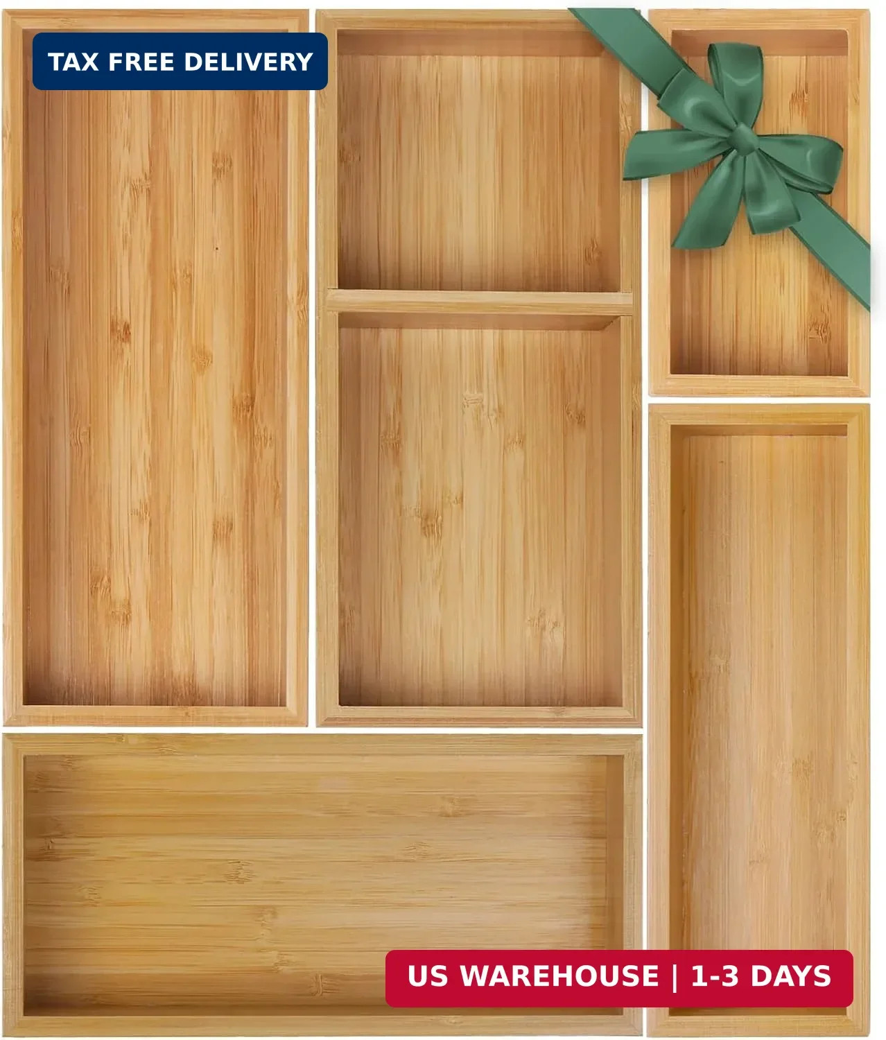 Bamboo Drawer Organizer Set, 5 PCS Multi-Use Individual Wood Storage Organizers,