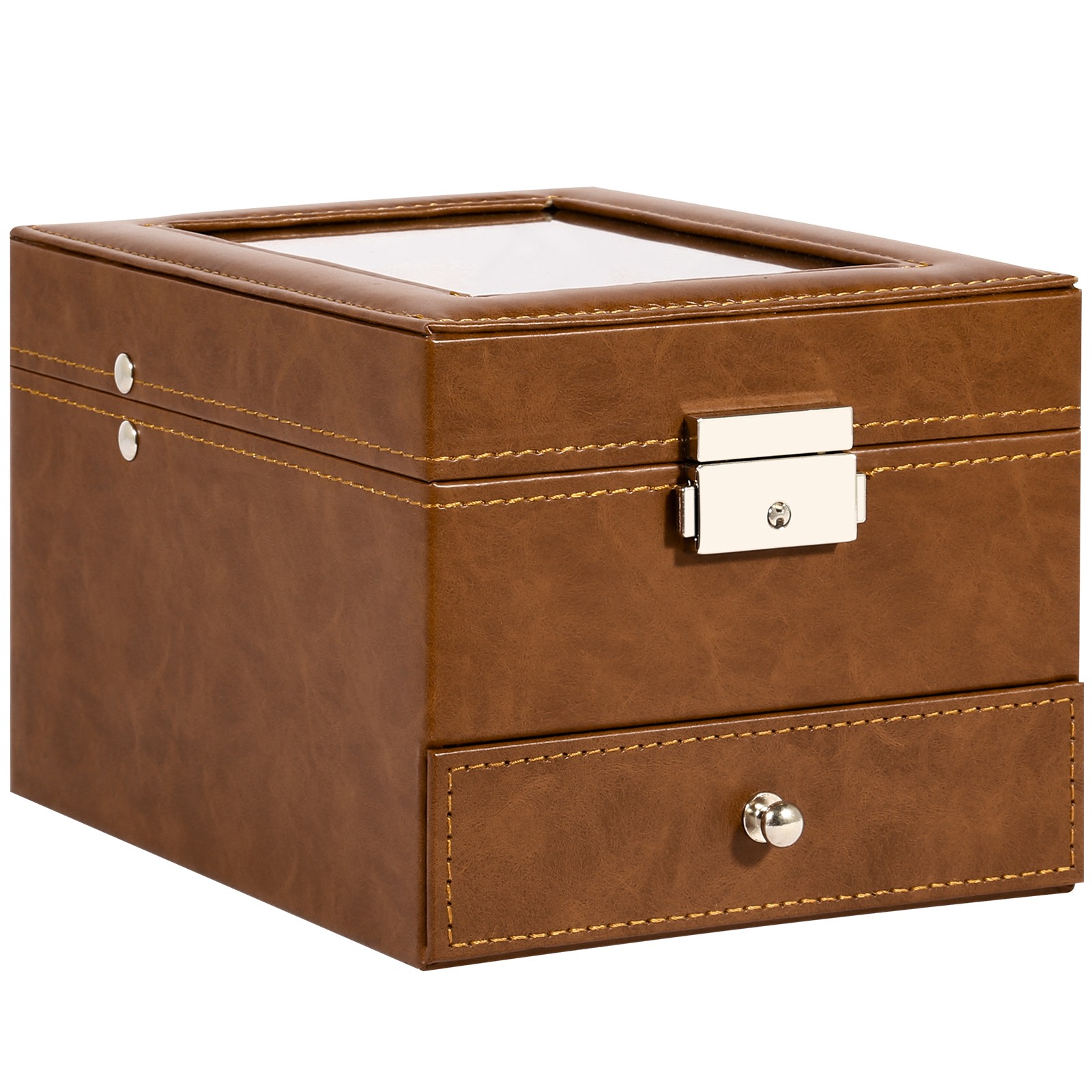 6 Slots Watch Box PU Leather Watch Case Glass Lid Jewelry Storage Display Case