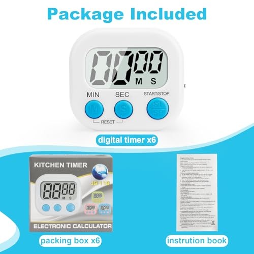 6 Pack Digital Kitchen Timer Multi White-2pcs & Blue-2pcs & Pink & Green