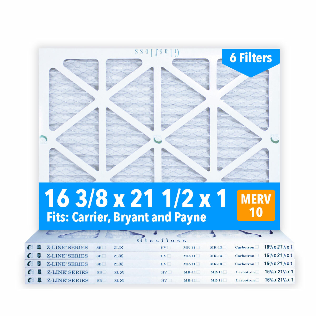 16-3/8x21-1/2x1 Air Filters, MERV 10, Pleated by Glasfloss 6-Pack, Made in USA