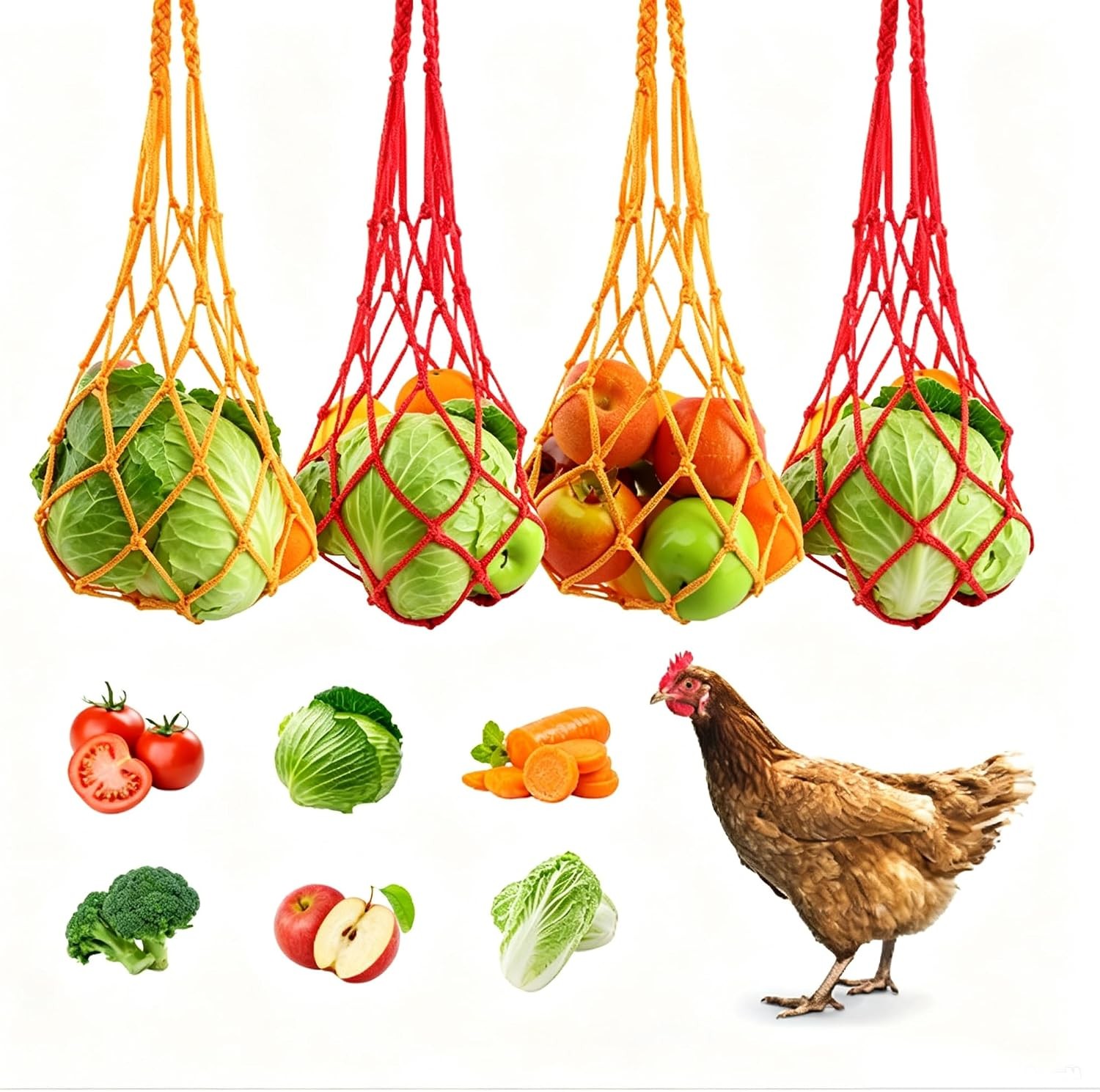 4PCS Chicken Vegetable Hanging Feeder String Bag & 2PCS 30" Adjustable