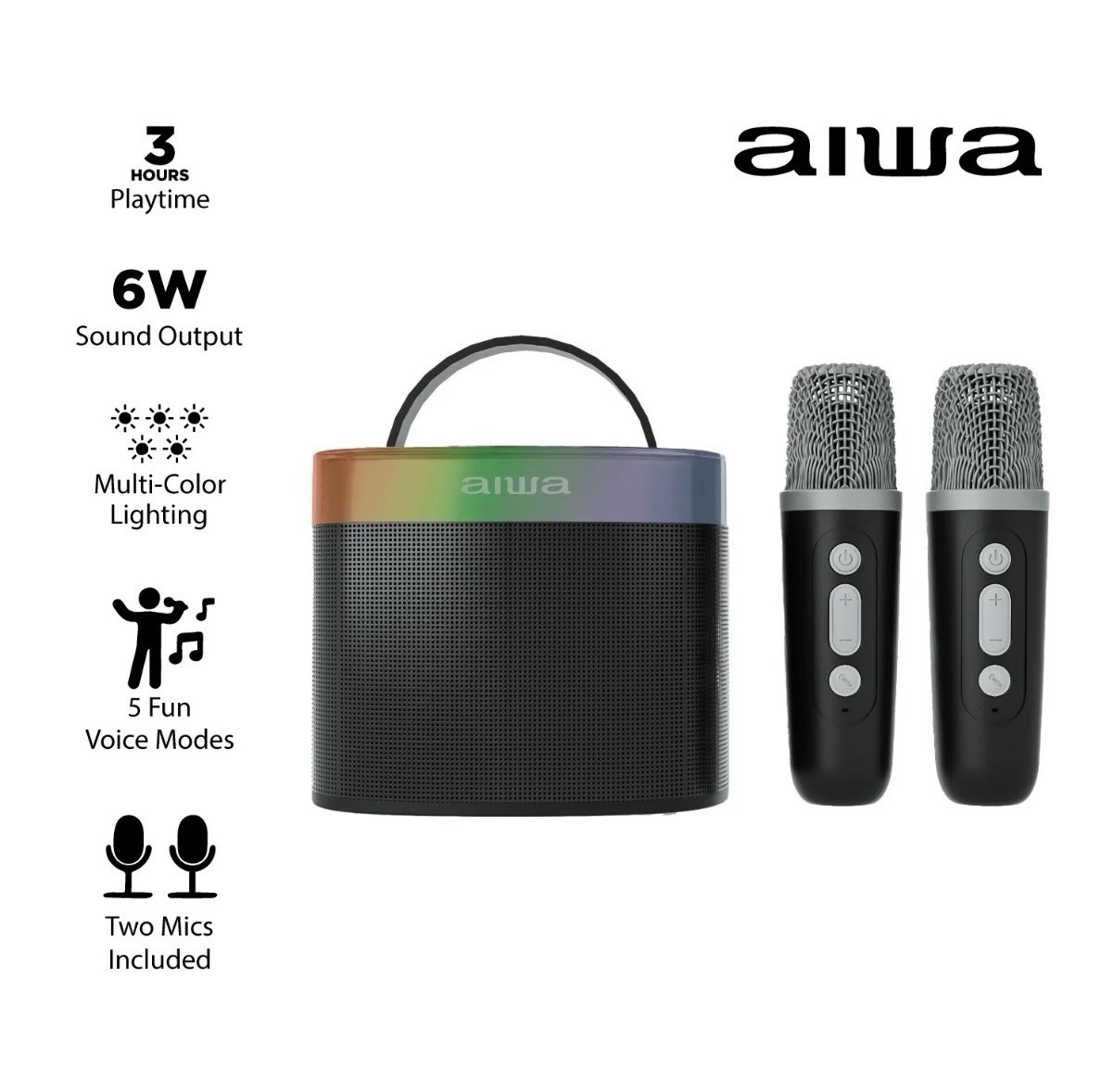 Aiwa Wireless Light-Up Karaoke Speaker With Two Microphones Multi Color Lights
