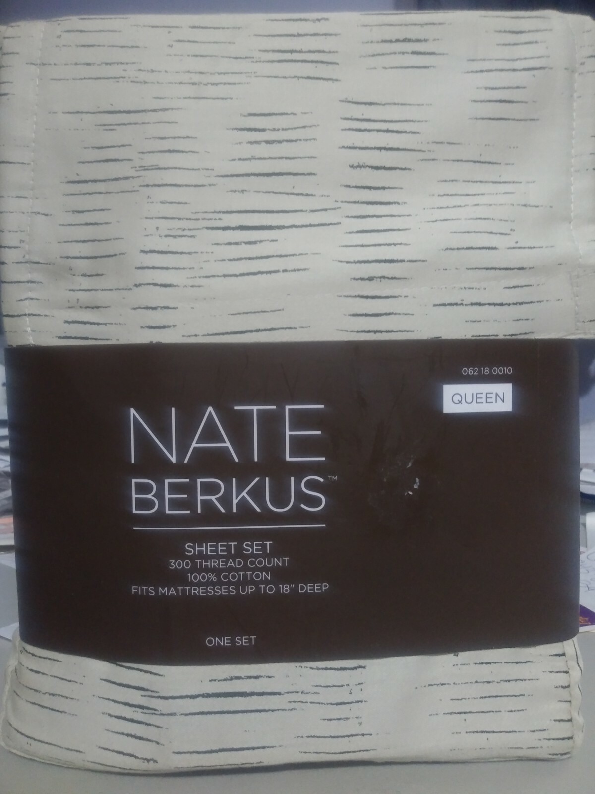 NEW Nate Berkus 100% Cotton 300TC QUEEN SIZE SHEET SET Papyrus Expresso Dash