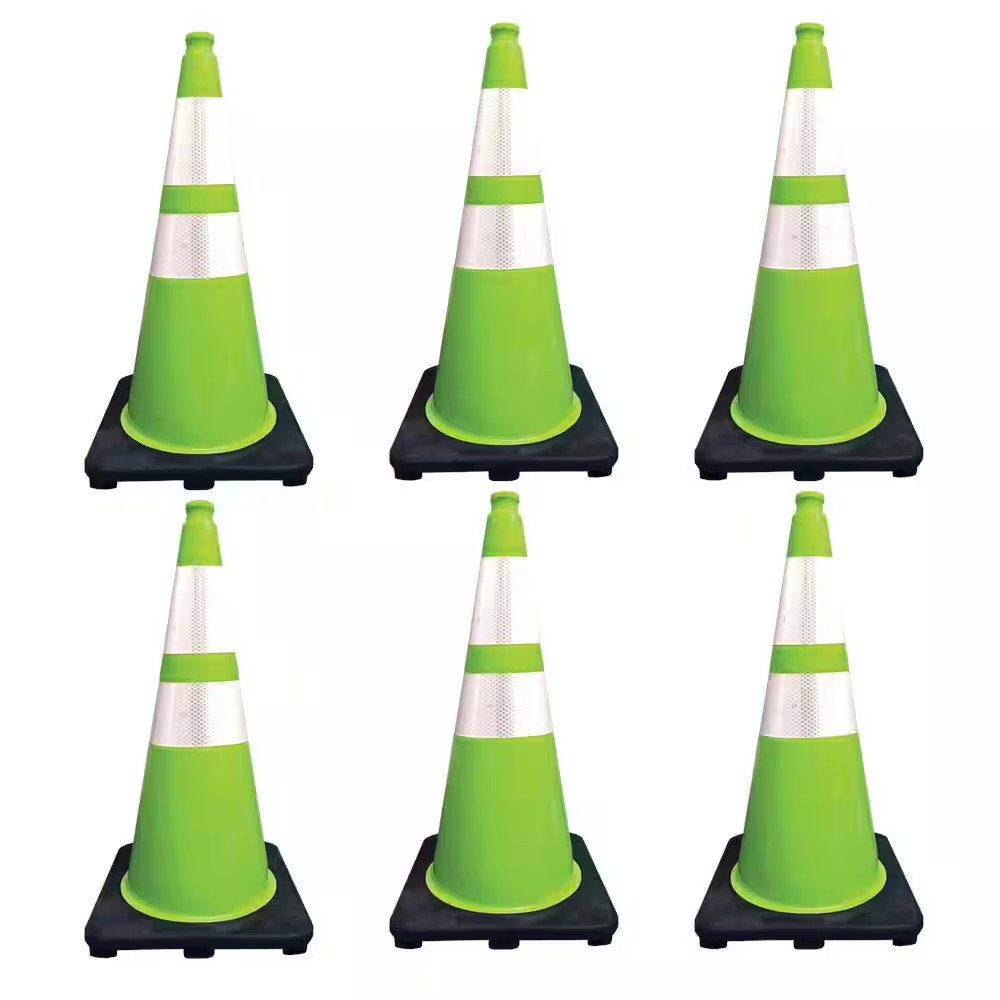 28 In. Lime Green Traffic Cone with Black Base and 4 In. and 6 In. Reflective Co