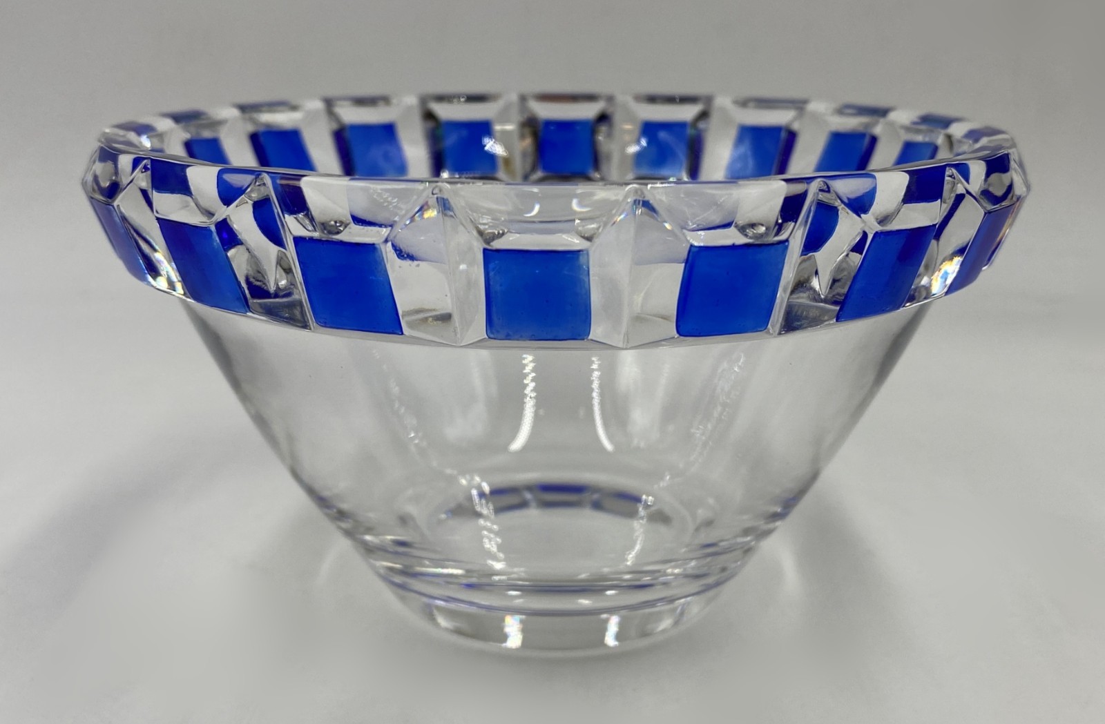 Candy Dish Clear w/Cobalt Blue Squares Nachtmann? Round 5.5 Inch Diameter