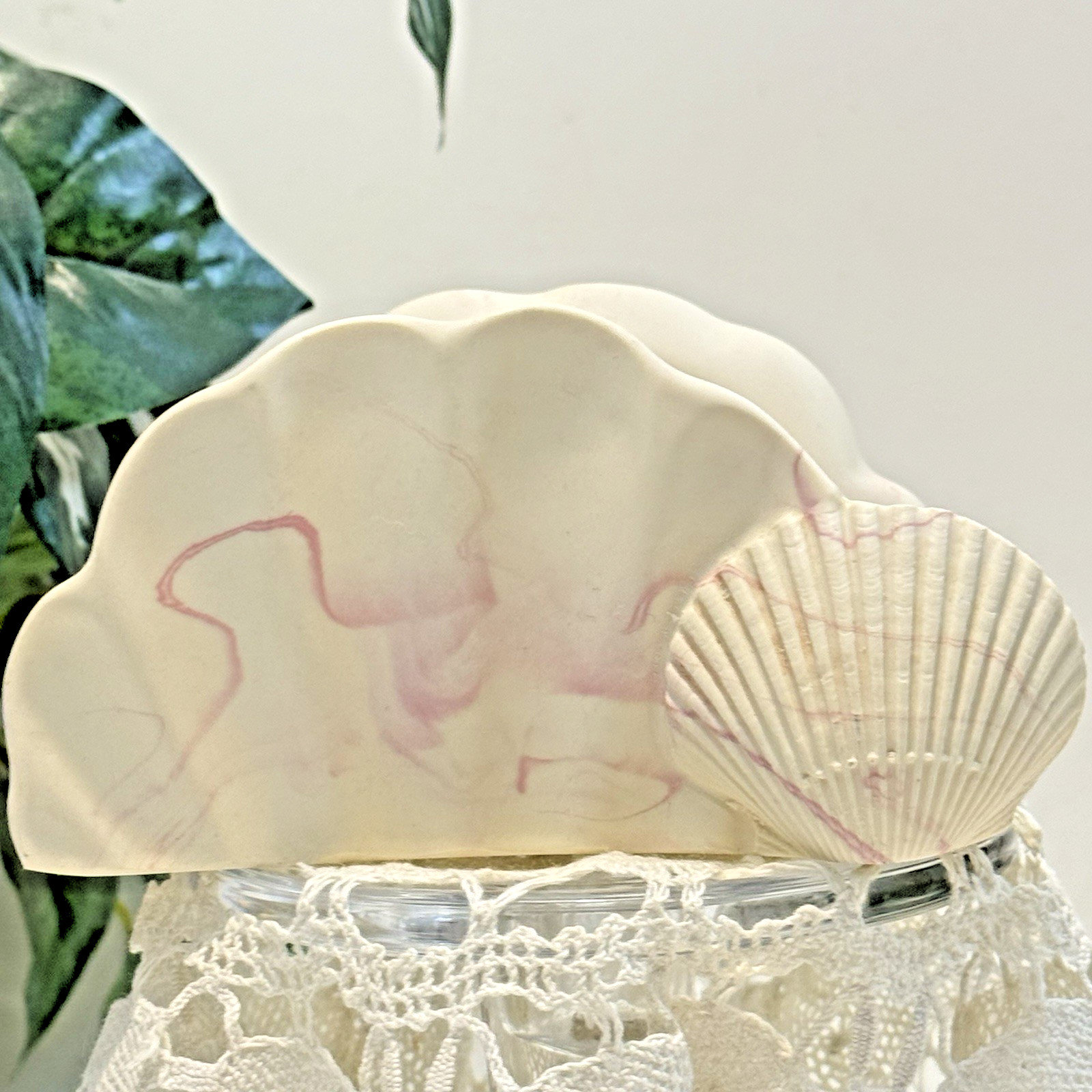 Vintage Dina Soapstone Seashell Napkin Or Mail Holder, Pink Vein Marble Look