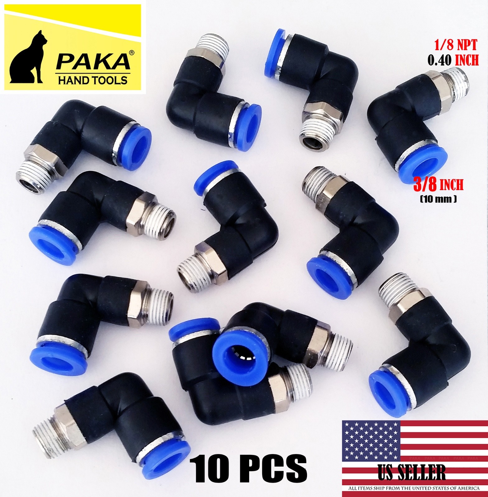 10X  Pneumatic Male Elbow Connector Tube OD 3/8"(10mm) X NPT 1/8” PU Air Push In