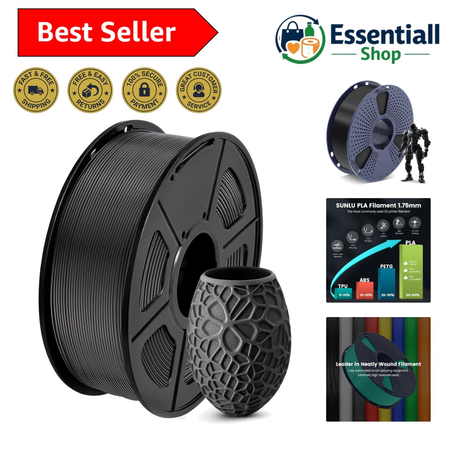 Facilitate Creativity with 1kg Black PLA 3D Printing Filament 1.75mm Spool