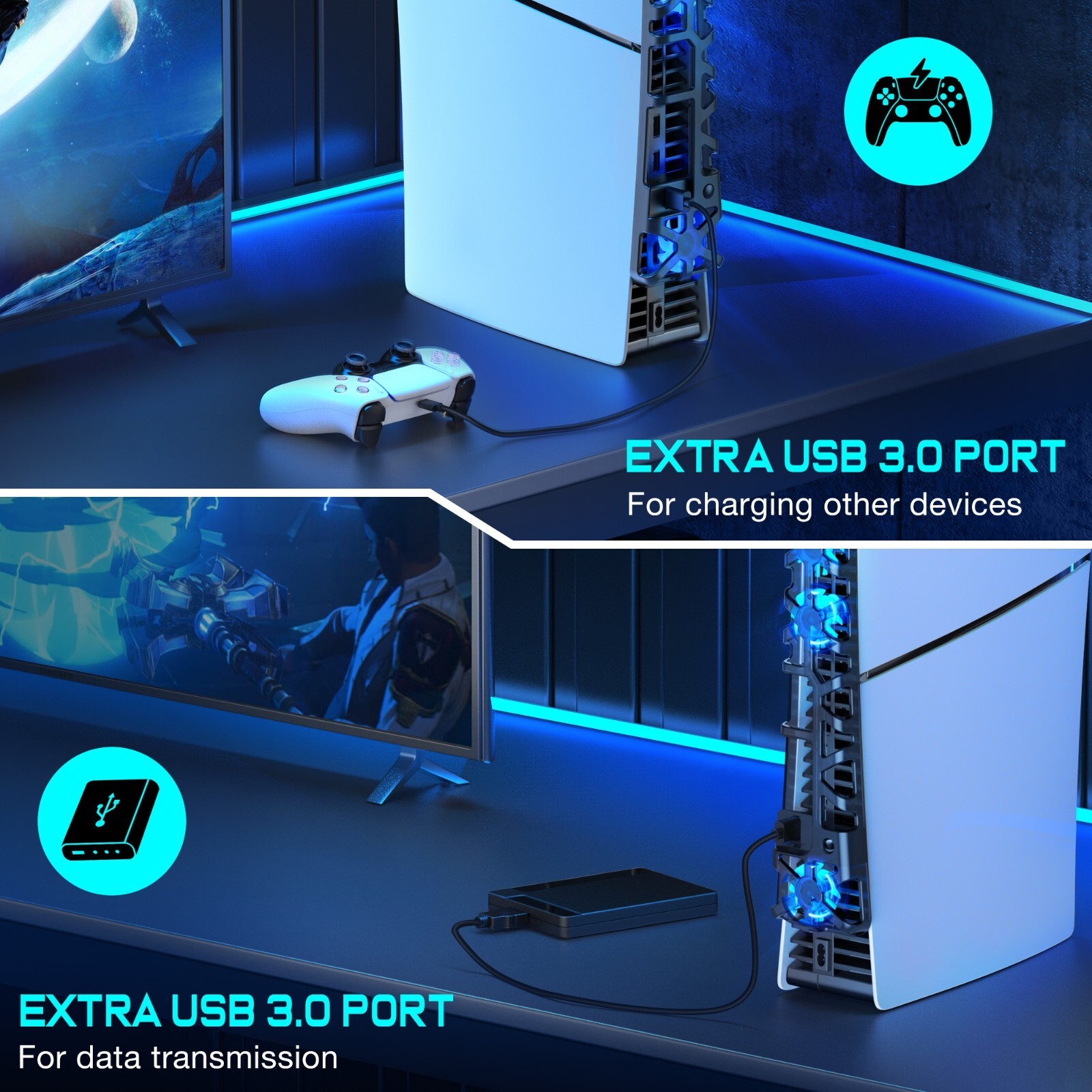PS5 Slim Cooling Fan For PS5 Slim Disc/Digital Console Cooler Fan LED + USB 3.0