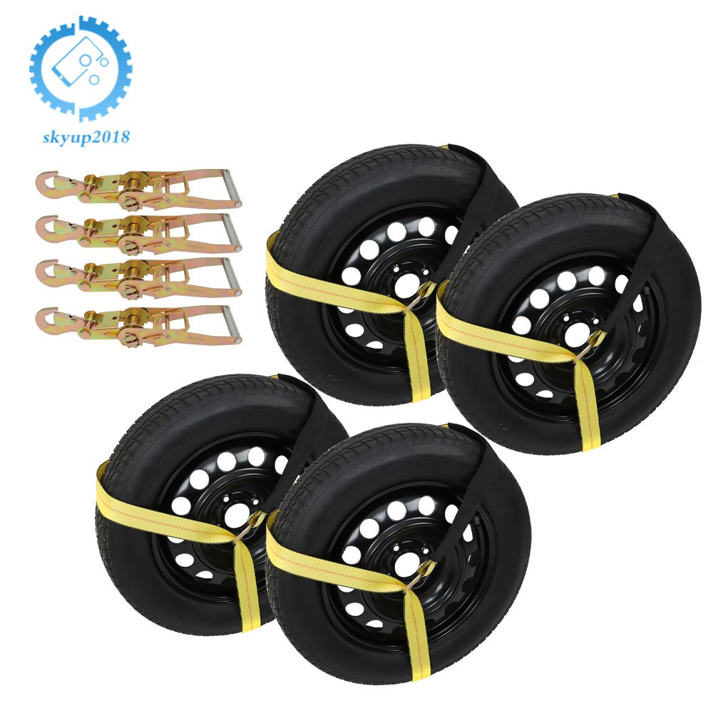 Lasso Style - 2 Inch x 96 Inch - 4 Pack - Yellow - Car Tie Down with Snap Hooks