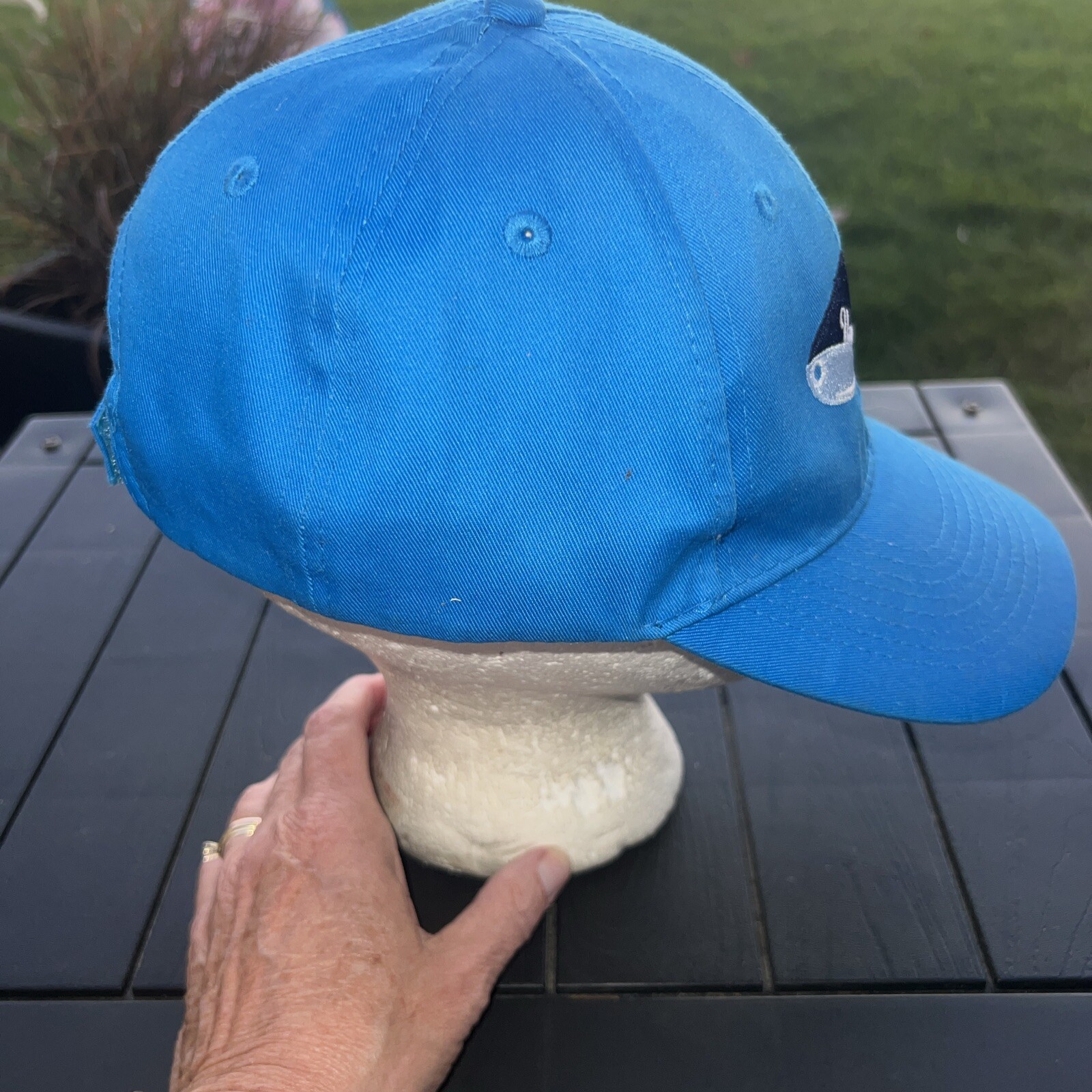 Unsalted Outfitters Fishing on a Lure Bright Blue Hat Cap Hook Loop EUC