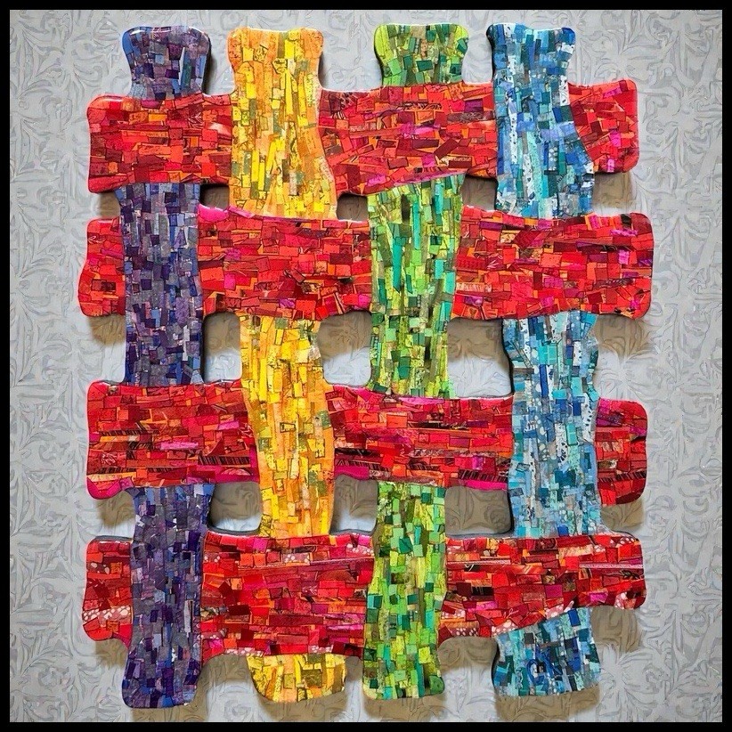 Cynthia Kolls Contemporary Resin/Paper Mixed Media on Wood Woven Crosshatch Art