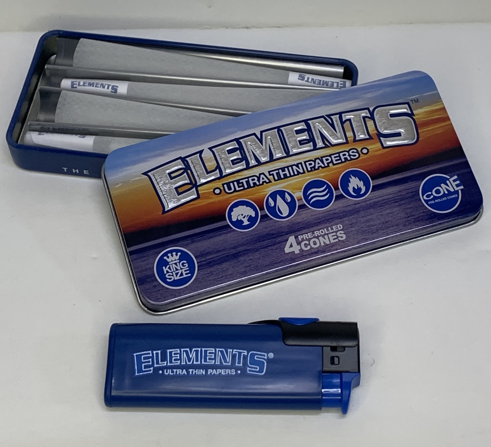 ELEMENTS PRE-ROLLED CONE TIN KING SIZE (4 count) + NEW ELEMENTS LIGHTER