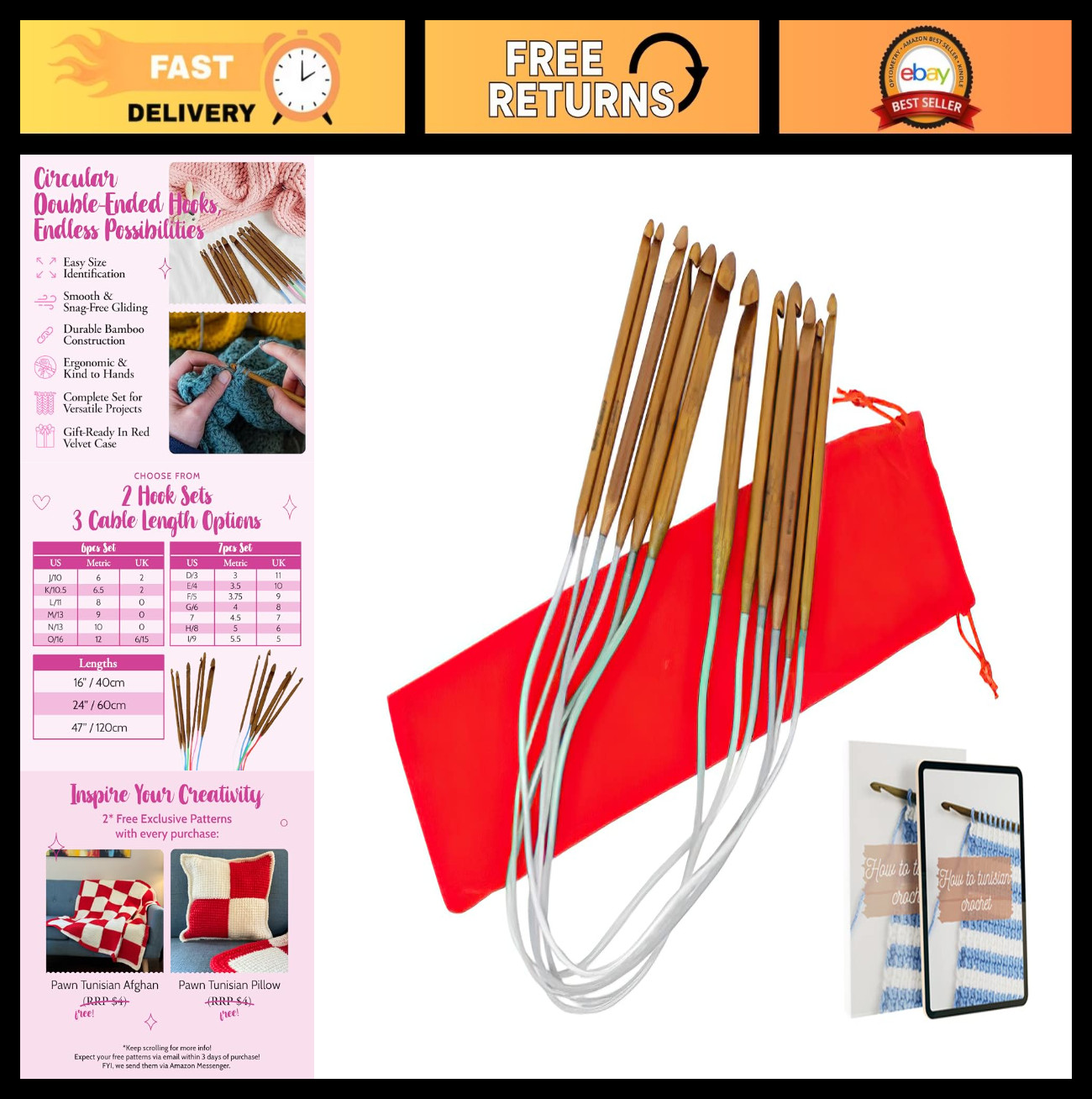 16" Circular Crochet Hooks Set - Double Ended Tunisian with Cable, 7 Sizes for A