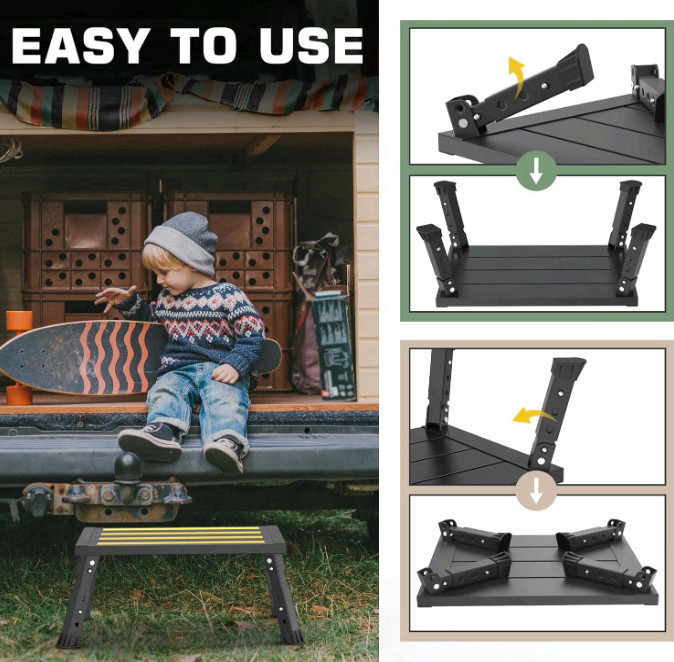 Foldable adjustable RV step, non-slip, supports 1000 lb, portable