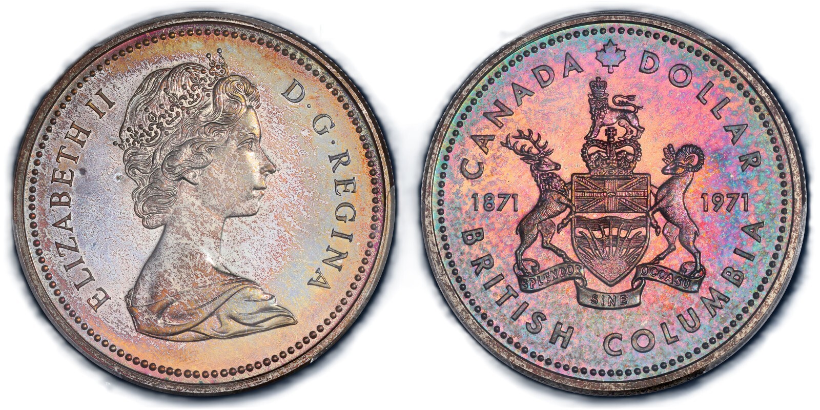 C235 1971 Canada British Columbia Specimen Silver Dollar PCGS SP67. Nicely toned