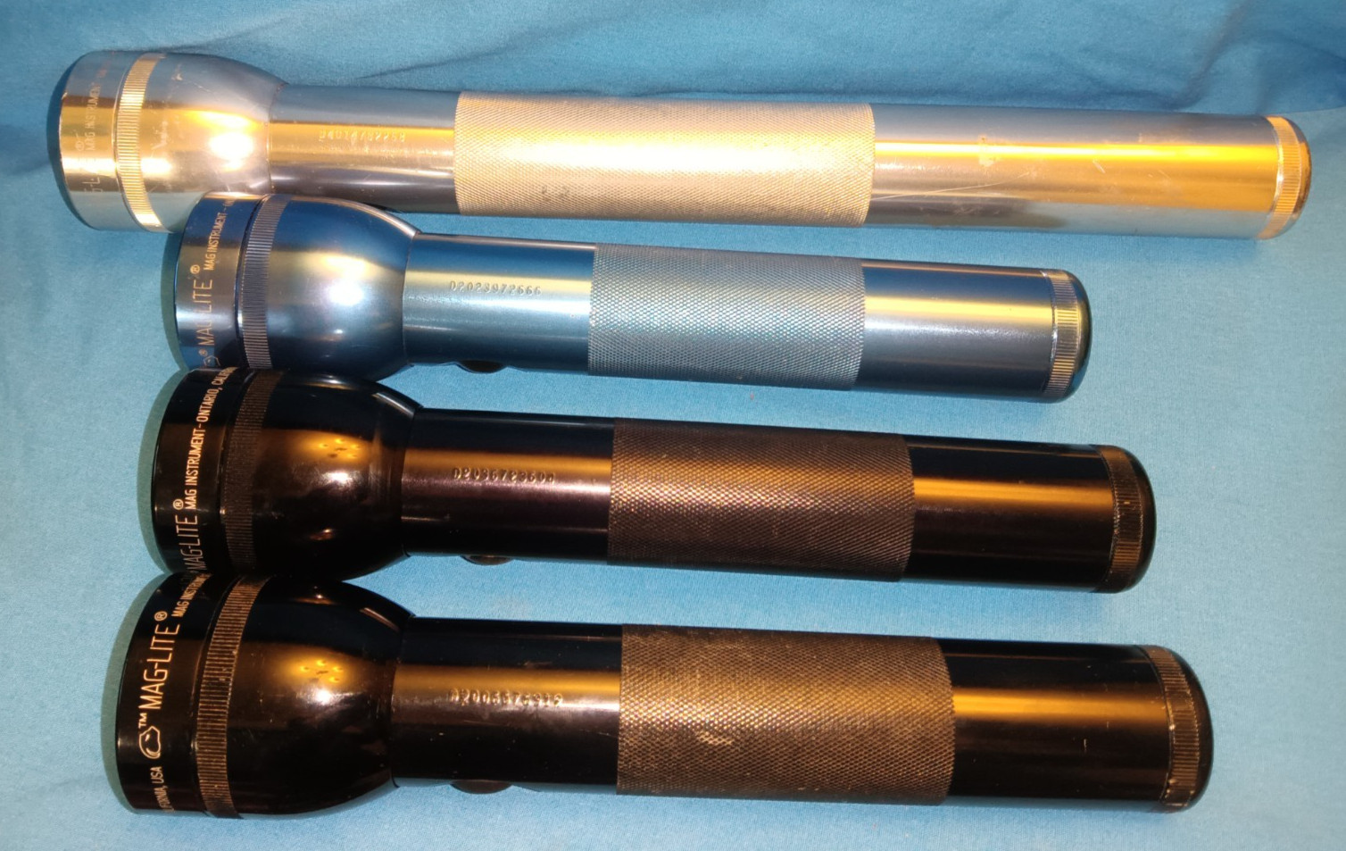 4 Mag-Lite Flashlights 3-12"  1-16" Aluminum D-Cell Made in USA Excellent Cond.