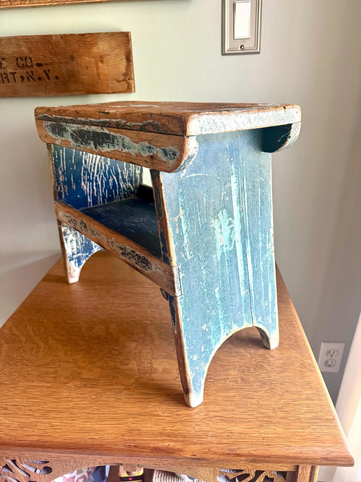 Antique Wooden Stool with Distressed Paint | Distressed Blue Primitive Stool