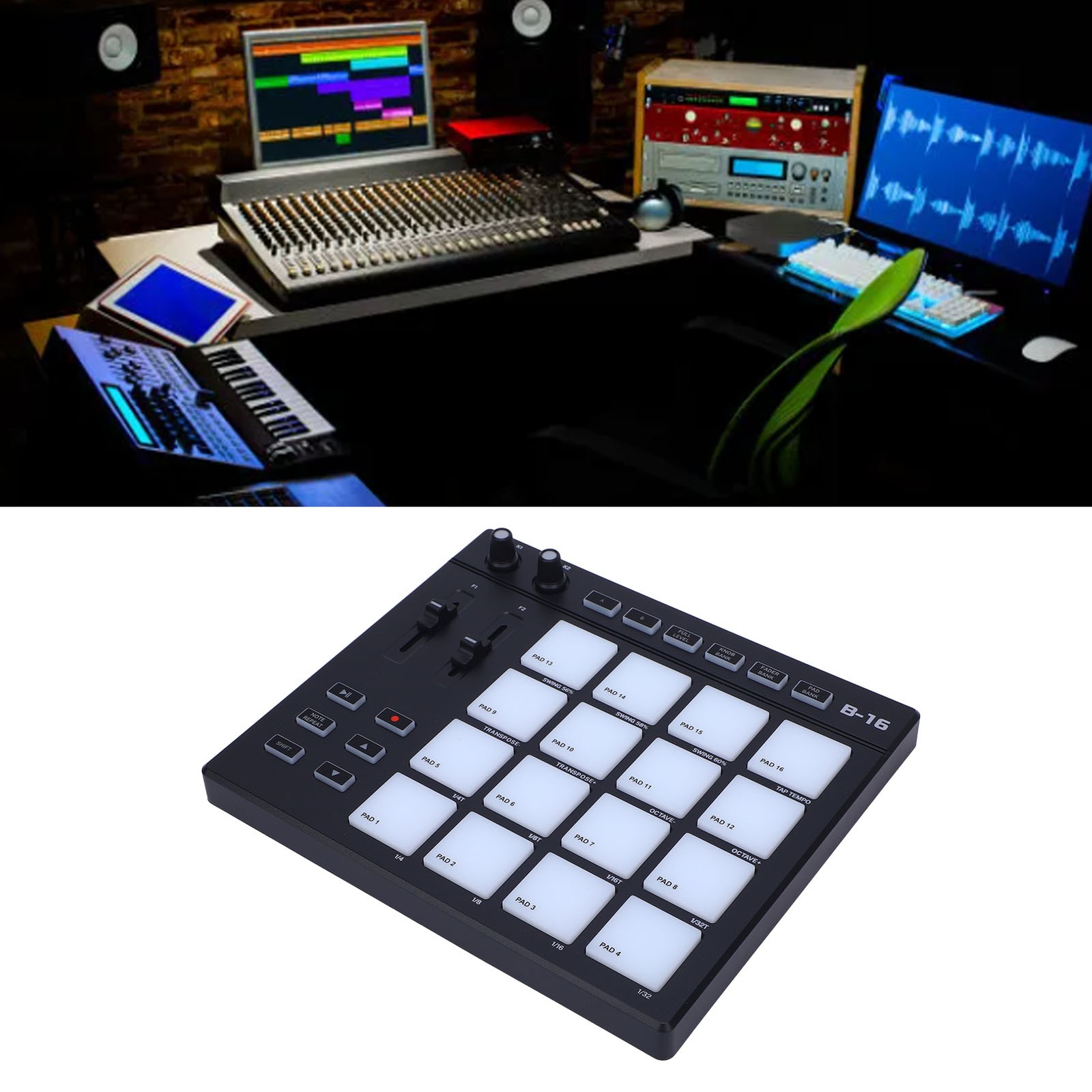 MIDI Controller With 16 Drum Pads 2 Assignable Fader Knobs RGB Portable MID XIPE
