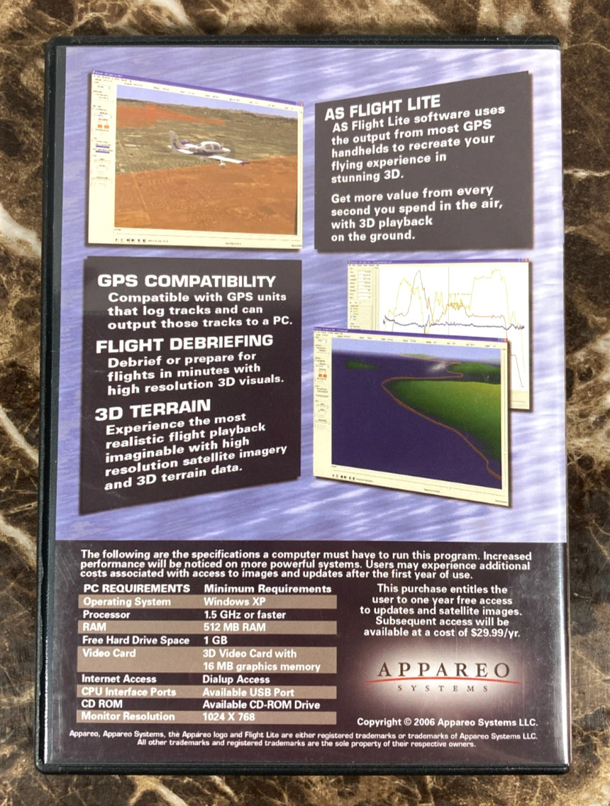 Appareo Systems Flight Lite GPS Software Windows XP CD-Rom 2006 w/ Product Key