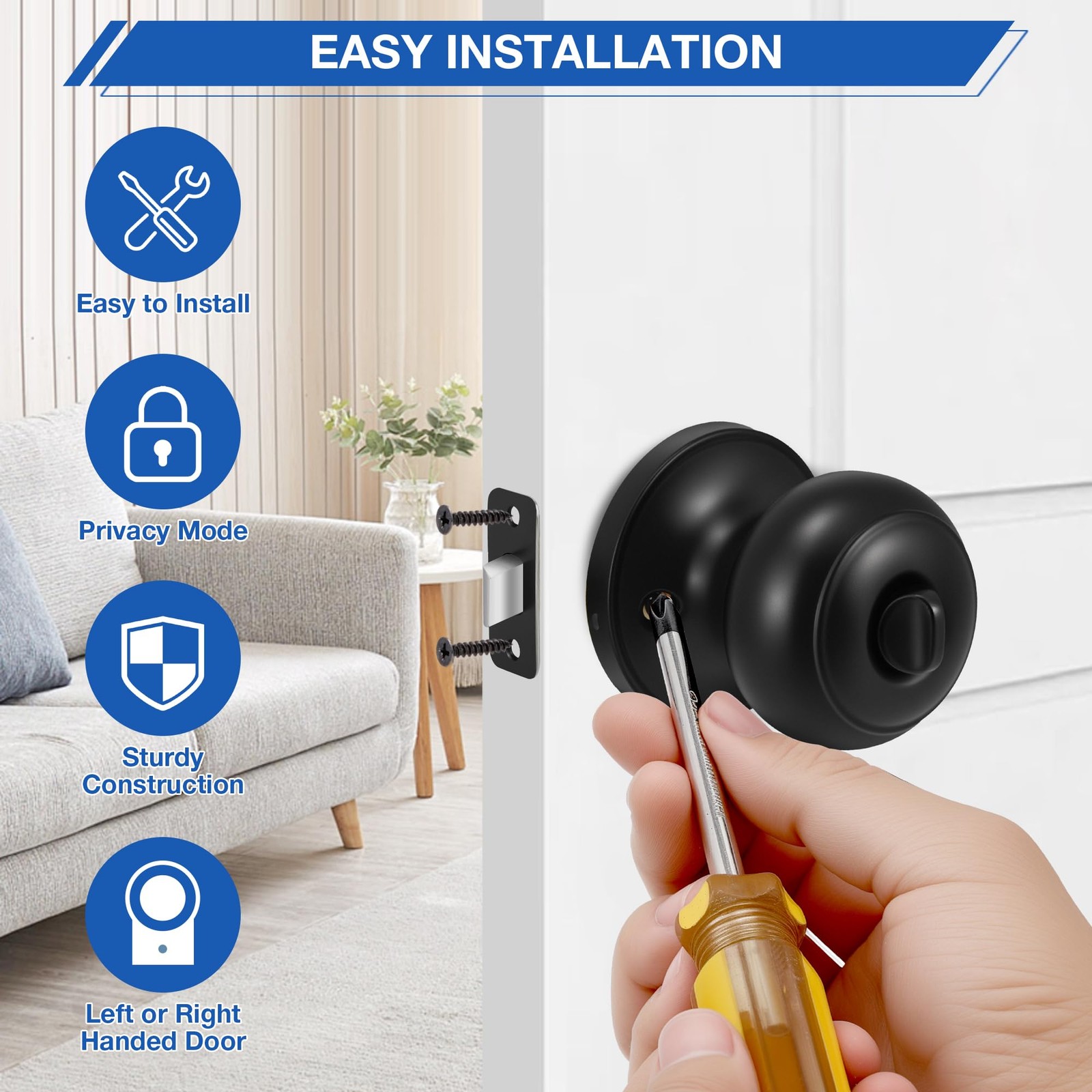10 Pack Matte Black Door knobs, Keyless Interior Door Locks, Round Ball Keyle...