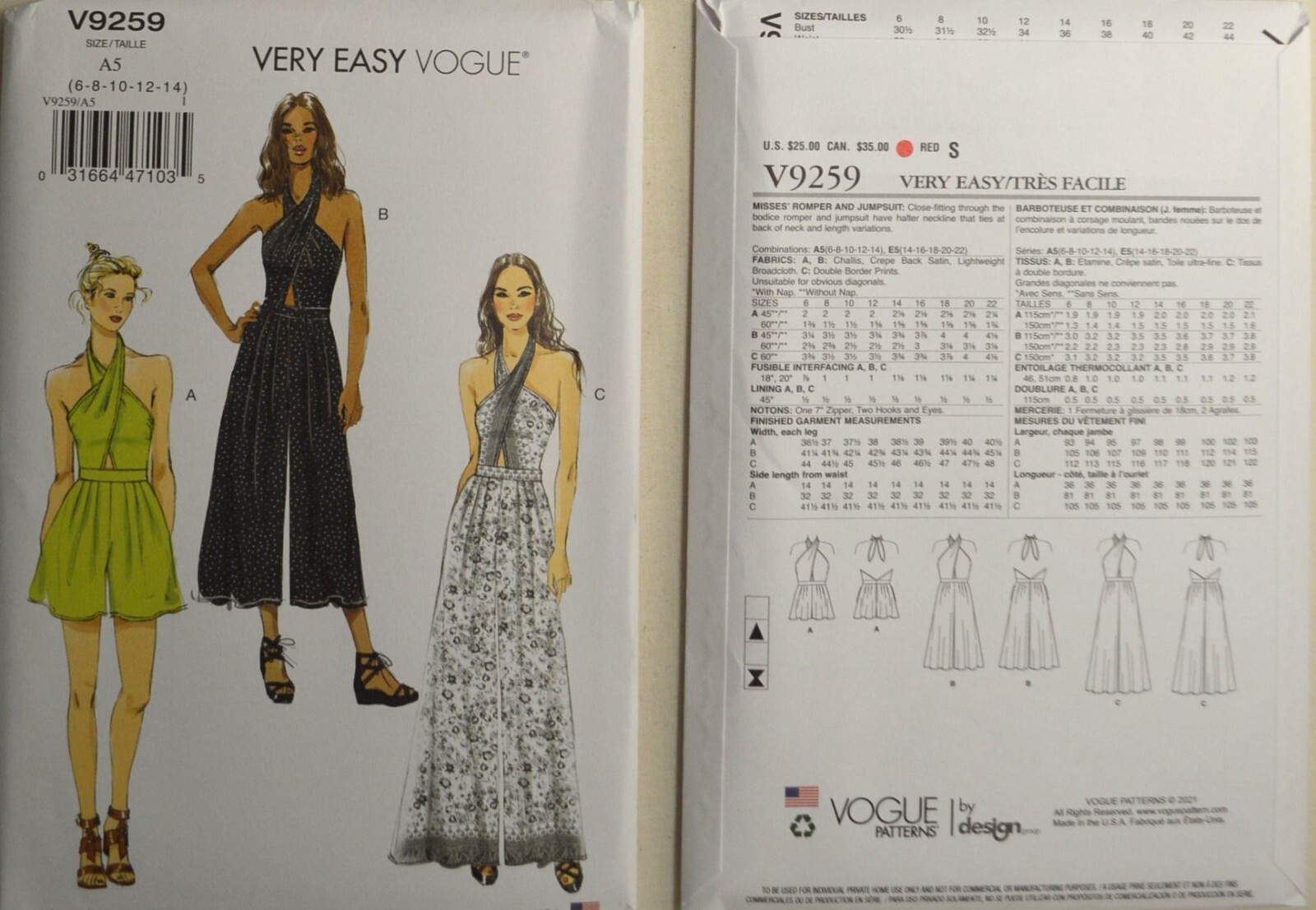 Vogue Pattern V9259 - Misses' Romper & Jumpsuit w/ Halter Neck, Various Lengths
